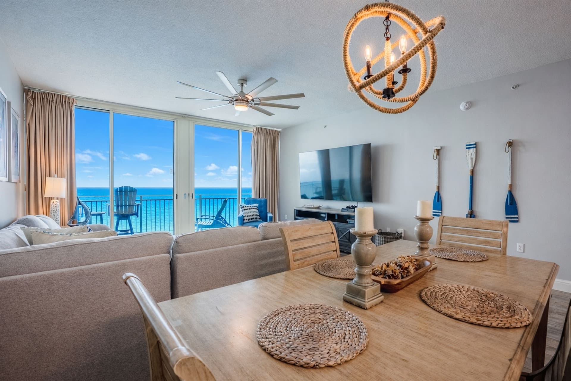 Dining area with gulf view through sliding glass doors