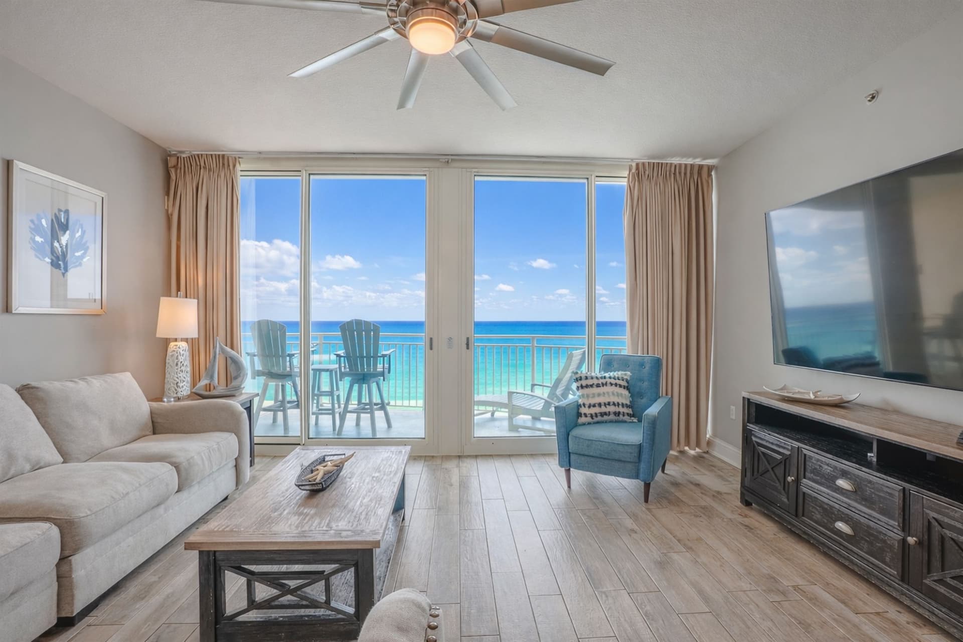 Living room with sectional sofa and direct gulf view