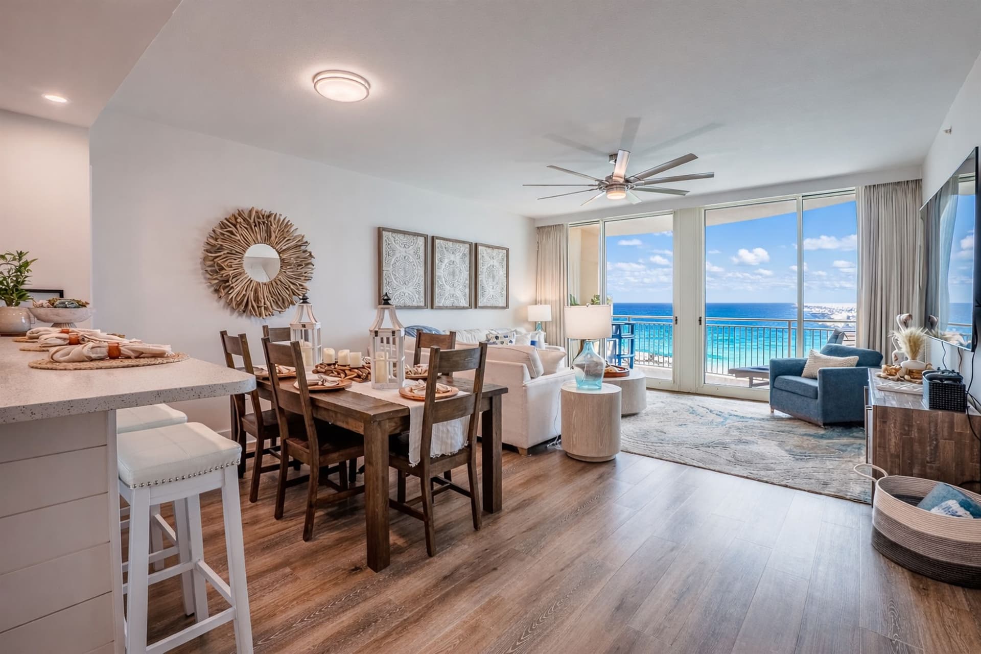 Open-plan dining and living area looking out to the gulf