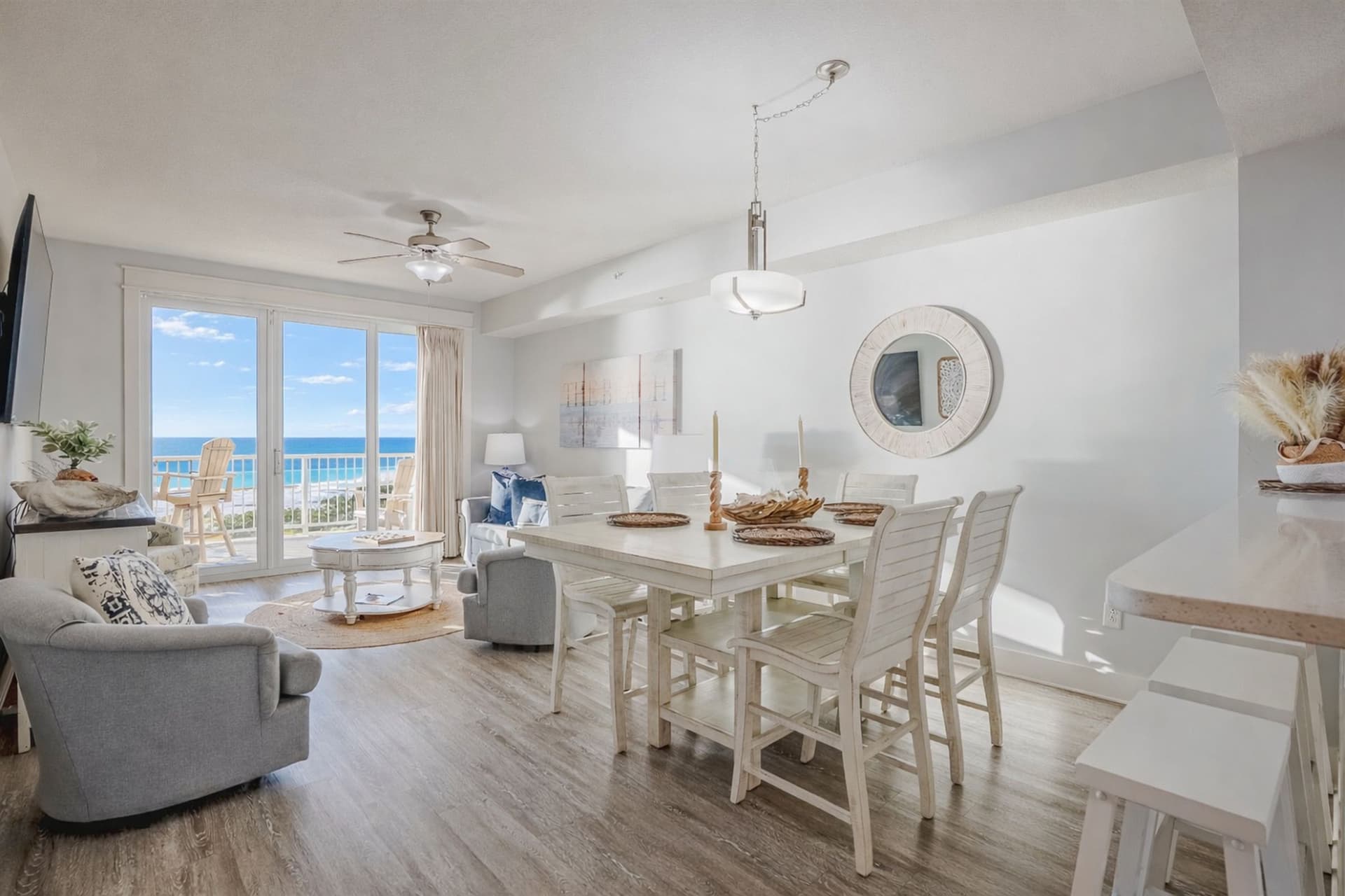Dining area and living room with coastal decor